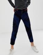 Asos Design Florence Authentic Straight Leg Jeans In With Cut About Patch Work Detail In Dark Wash - Blue