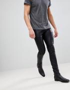 Asos Super Skinny Jeans In Black Faux Leather With Knee And Hem Detail - Black
