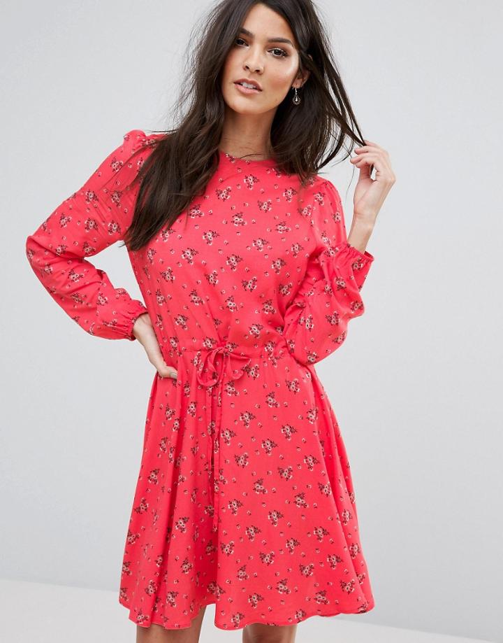 Warehouse Daisy Print Waisted Dress - Pink