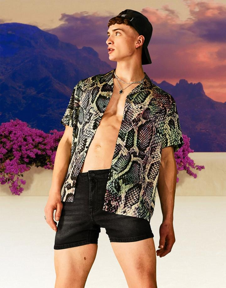 Asos Design Relaxed Revere Shirt In Satin Snake Print - Part Of A Set-black