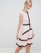 Liquorish Lace Skater Dress With Contrast Trim - Pink