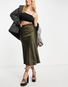 Asos Design Satin Bias Midi Skirt In Olive Green