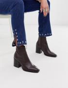 Asos Design Restore Leather Studded Block Heel Boots In Brown