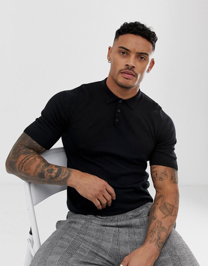 Asos Design Knitted Muscle Fit Polo Shirt In Black