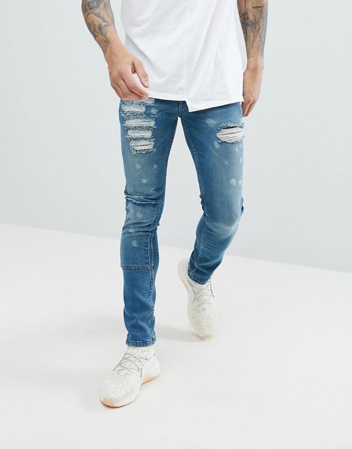 Asos Super Skinny Jeans In Smokey Blue With Rip And Repair - Blue