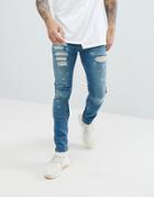 Asos Super Skinny Jeans In Smokey Blue With Rip And Repair - Blue