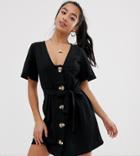 Asos Design Petite Faux Horn Button Through Mini Tea Dress - Black