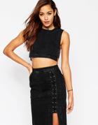 Asos Denim Crop Top With Lace Up Side In Washed Black - Washed Black