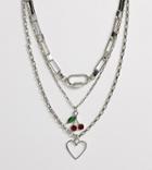 Reclaimed Vintage Inspired Multirow Cherry And Heart Necklace-silver