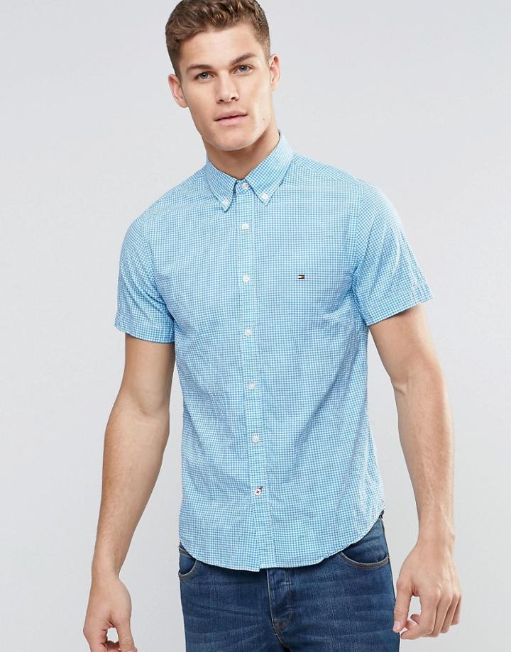 Tommy Hilfiger Shirt In Blue Gingham Check Short Sleeves In Slim Fit Stretch - Blue