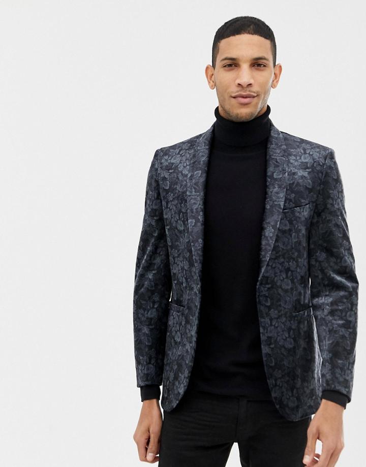 Burton Menswear Velvet Floral Printed Blazer In Black - Black
