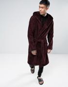 Asos Hooded Fleece Robe In Burgundy - Red