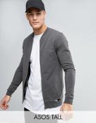 Asos Tall Muscle Fit Jersey Bomber Jacket With Distressing In Washed B