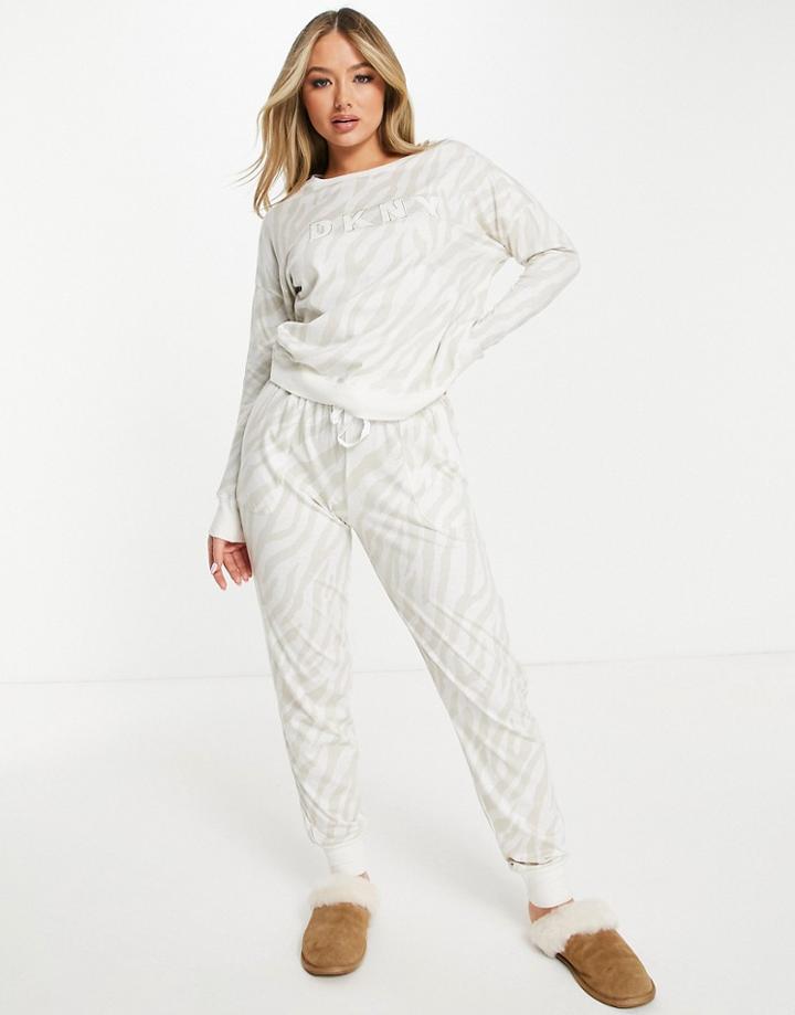 Dkny Long Sleeve Top And Sweatpants Set With Logo In Cream Zebra-white