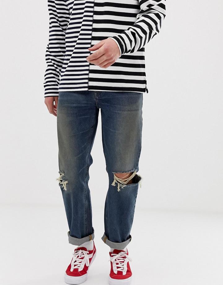 Asos Design Original Fit Jeans In Vintage Dark Wash With Rips-blue