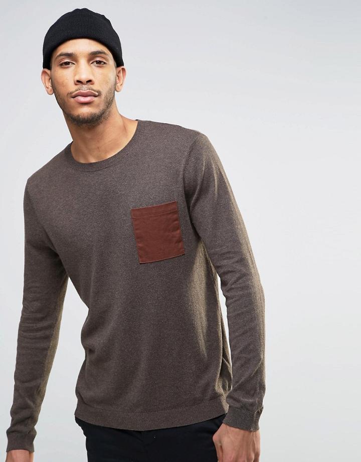 Asos Cotton Sweater With Patch Pocket - Brown