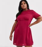 Simply Be High Neck Satin Tea Dress In Berry-red