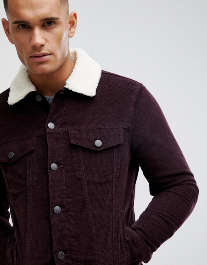 New Look Corduroy Jacket With Fleece Lining In Burgundy - Red