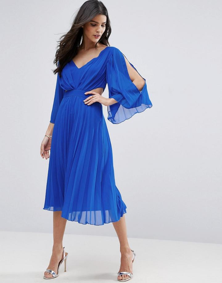 Asos Side Cut Out Sleeved Pleated Midi Dress - Blue
