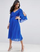 Asos Side Cut Out Sleeved Pleated Midi Dress - Blue