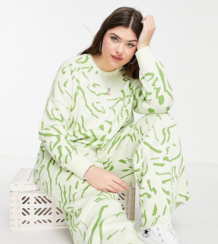 Native Youth Plus Relaxed Sweater In Abstract Squiggle Knit - Part Of A Set-green