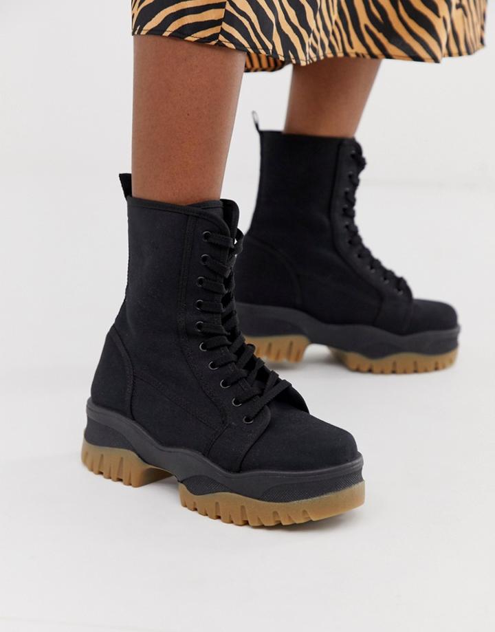 Asos Design Amber Chunky Lace Up Boots In Black Canvas