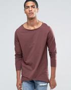 Asos Longline Long Sleeve T-shirt With Cross Over Hem - Brown
