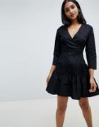 Asos Design Wrap Front Mini Dress With Shirred Skirt - Black