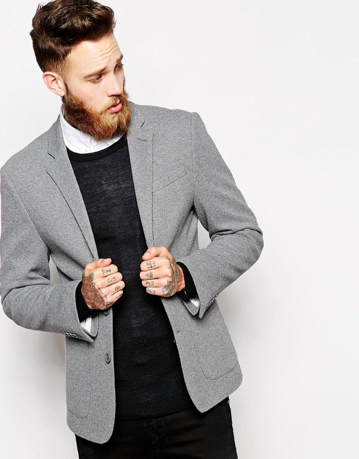 Asos Slim Blazer In Pique Jersey - Gray