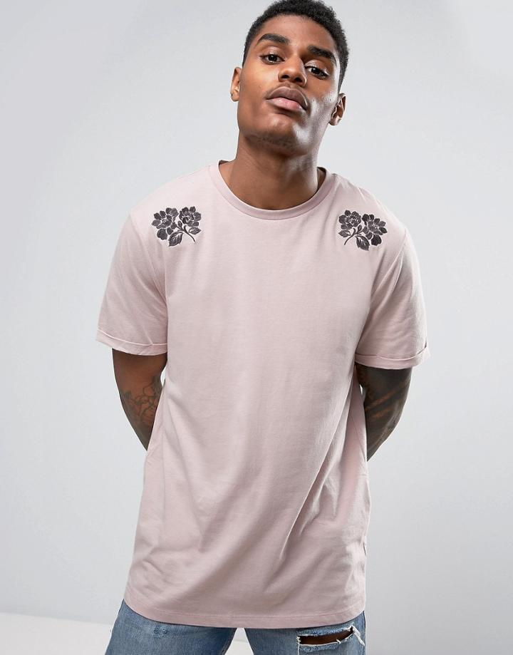 Asos Longline T-shirt With Flower Embroidery And Rolled Sleeve - Pink