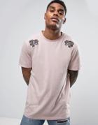 Asos Longline T-shirt With Flower Embroidery And Rolled Sleeve - Pink