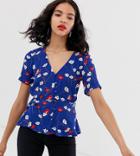 Monki Floral Print V-neck Buttoned Blouse In Blue