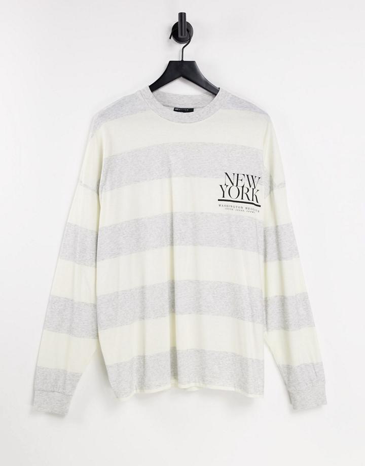 Asos Design Oversized Long Sleeve Stripe T-shirt In Gray Heather With New York Print-grey