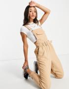 Asos Design Slim Leg Washed Twill Belted Overalls In Stone-brown