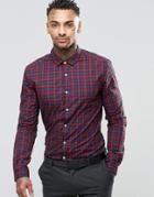 Asos Skinny Shirt In Navy And Red Check With Long Sleeves