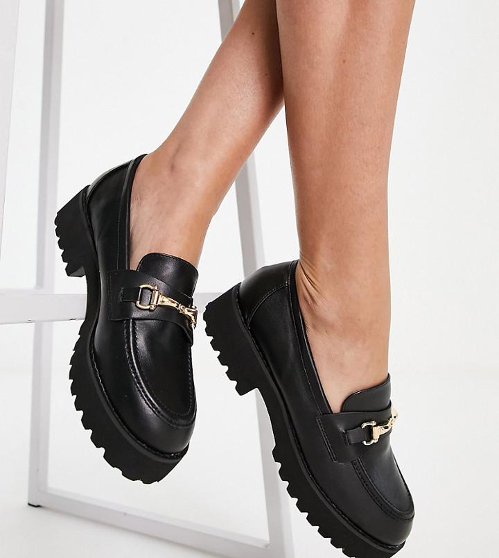 Raid Wide Fit Empire Chunky Loafers With Gold Trim In Black