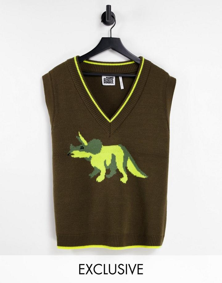 Reclaimed Vintage Inspired Unisex Knitted Vest With Dinosaur Print In Brown