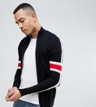 Asos Design Tall Knitted Track Jacket With Striped Sleeves In Black - Black
