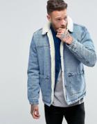 Asos Fully Fleece Lined Denim Jacket In Blue Wash - Blue