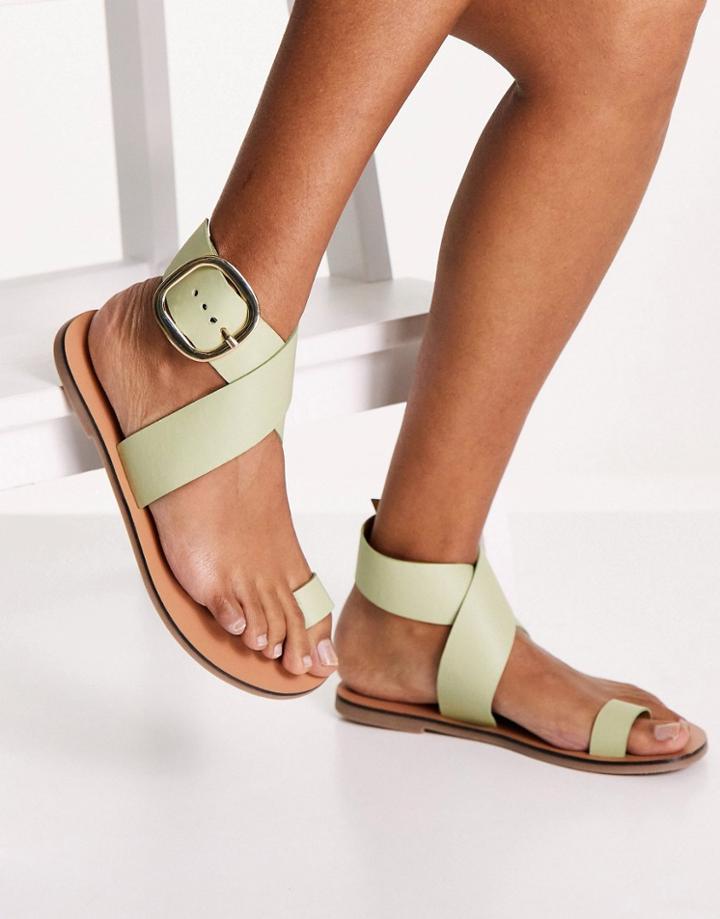 Asos Design Flyer Leather Toe Loop Flat Sandals In Sage Green