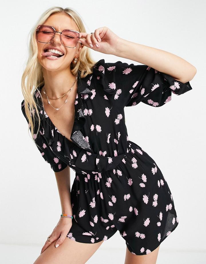 Miss Selfridge Frill Wrap Romper In Pink Floral-black