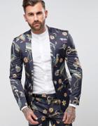 Asos Super Skinny Suit Jacket With Birds Of Paradise Print - Navy