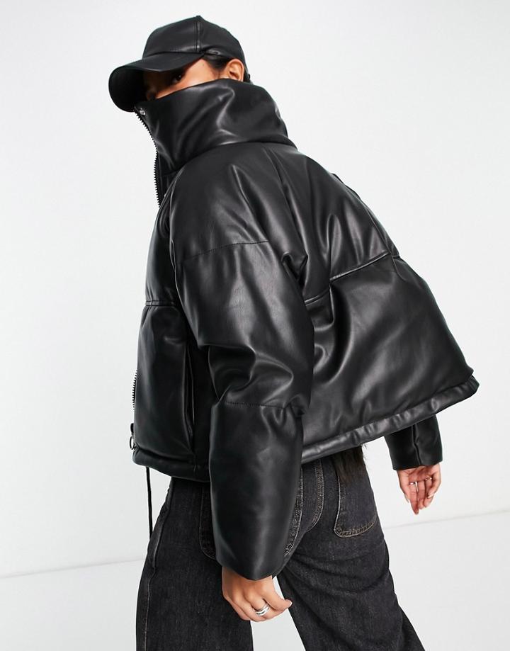 Topshop Faux Leather Cropped Puffer Jacket In Black