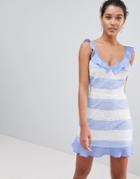 Prettylittlething Lace Detail Stripe Dress - Blue