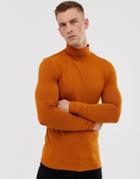 Asos Design Organic Muscle Fit Long Sleeve Roll Neck T-shirt With Stretch In Brown - Brown