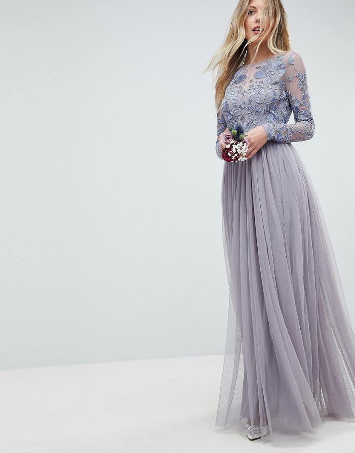 Asos Wedding Embroidered Mesh Maxi Dress - Pink