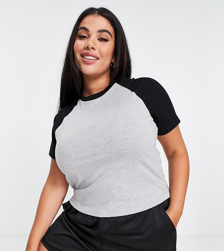Asos Design Curve Fitted Crop Top With Contrast Raglan Sleeve In Gray And Black-multi