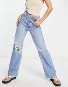 Dr Denim Echo Straight Leg Jeans With Rips In Mid Wash Blue