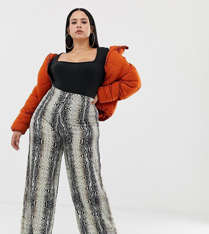 Prettylittlething Plus Wide Leg Pants In Snake Print - Multi