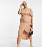 Asos Design Curve Short Sleeve High Neck Drape Wrap Front Midi Dress In Dark Stone-neutral
